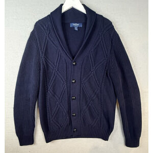 Savile Row London Fisherman Cardigan Sweater Mens Sz L Blue‎ Academia Preppy